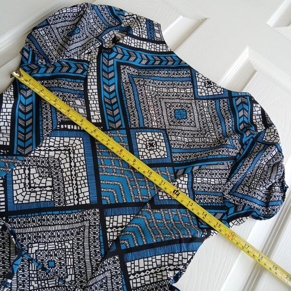 Fire Los Angeles Blue Button-up Maxi Dress M deep slits black mosaic waist tie - Picture 10 of 14